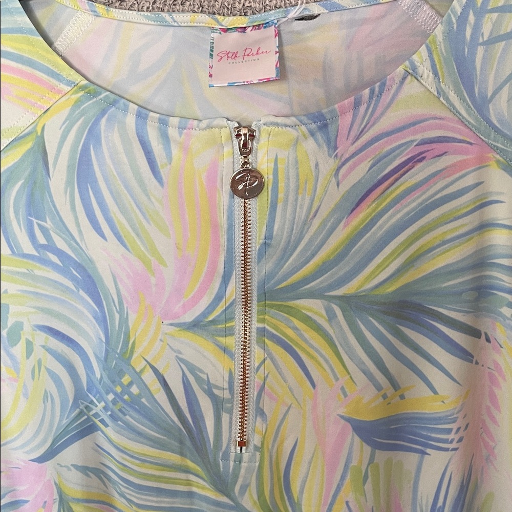 Stella Parker Women Tropical Dress Pink Blue Green 2 Pocket Size Large - Picture 3 of 7